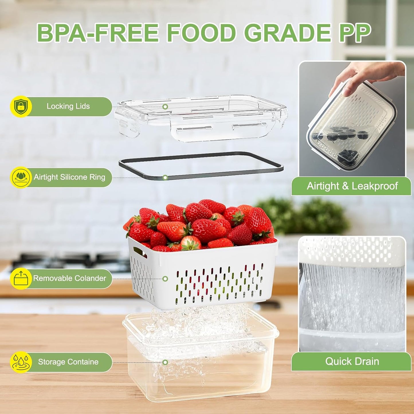 CAPHONT 12 Pack Fruit Storage Containers for Fridge with Removable Colander | 2-in-1 Organic Fruit Storage, 6 Size Clear Vegetable Storage Containers Set Keep Fruits, Vegetables, Meat Fresh Longer ﻿