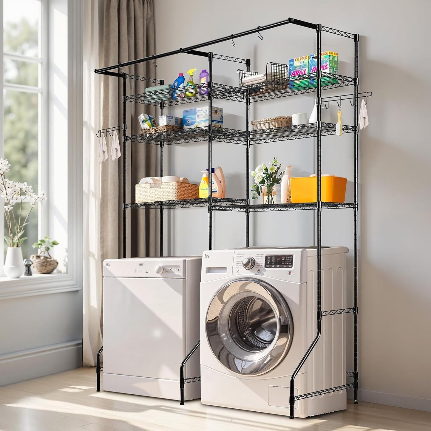 VEVOR Over the Washer and Dryer Storage Shelf, 5 Tier Laundry Room Drying Rack with Hanger Rod and Hooks, Adjustable Over Washer and Dryer Shelves, Laundry Room Shelf Storage Space Saver, White