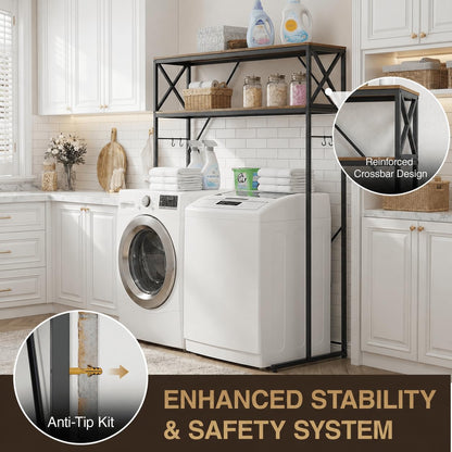 Laundry Over The Washer and Dryer Storage Shelf, 2 Tiers Laundry Room Freestanding Shelf with Adjustable Shelves, Double Layer Organizer for Top Load and Front Load Washers Dryers