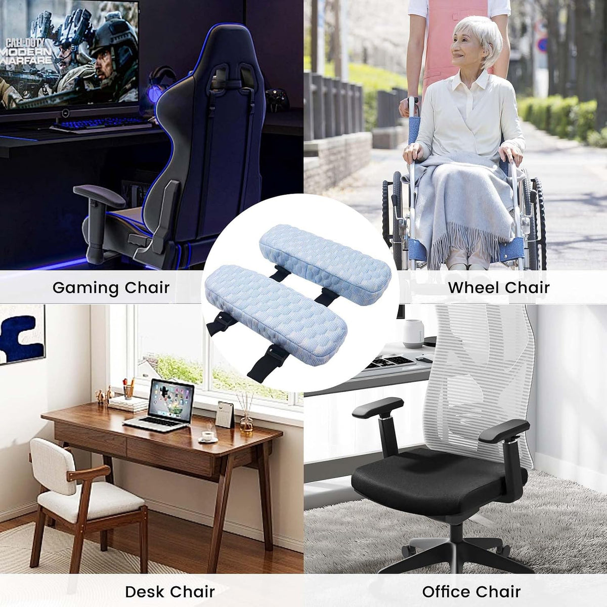 Daily Treasures 2Pcs Blue Cooling Fiber Fabric Chair Arm Rest Pads,Armrest Pads with Memory Foam and Cooling Gel Layer,Anti Slip,Adjustable Length and Removable Washable Arm Rest Pads for Office Chair