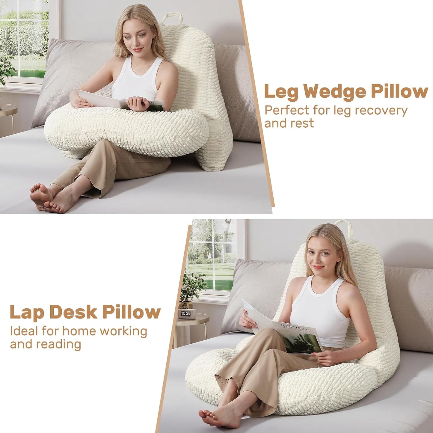 Reading Pillow for Bed, Backrest Pillow with Arms for Adult | Bed Pillow for Sitting Up, Back Support Pillows for Sleeping, Reading and Gaming with Shredded Memory Foam, Gray