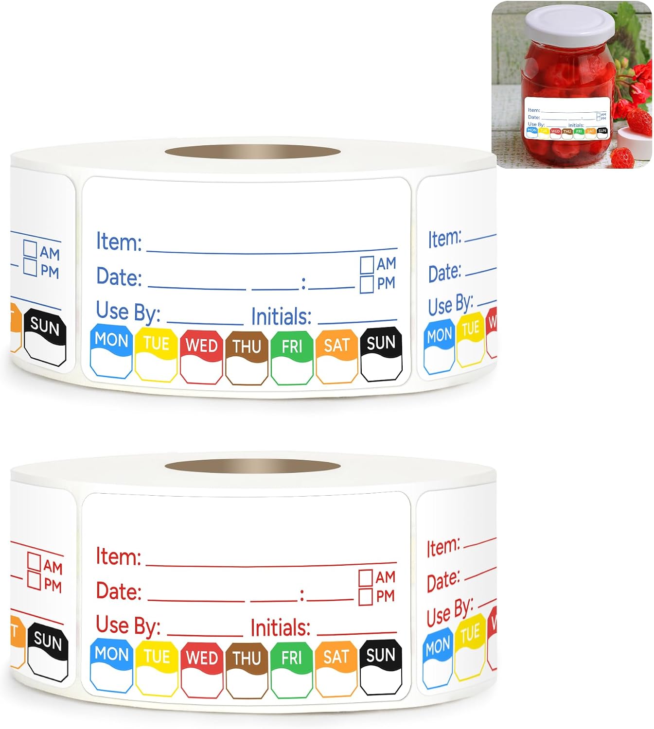 2 Rolls 1000 Pcs 1 X 2 inch Removable Food Date Sticker Labels, Easy to Write for Freezer, Refrigerator Food Containers Date Sticker, Leftover Labels (Blue-Red-US)