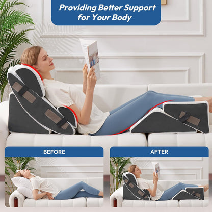 Ahpmeoa 6PCS Wedge Pillow Set for After Surgery, Back Pillow for Bed Sitting Up, Orthopedic Bed Wedge for Body, Leg Pain Relief, Memory Foam Pillow for Post Surgery, Sleeping, Acid Reflux, Plush Grey