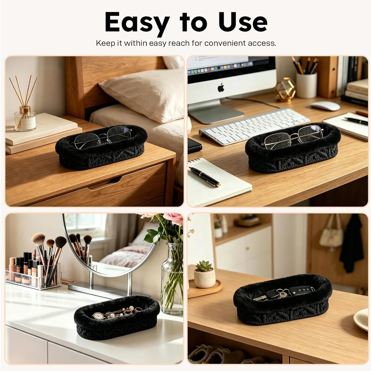 Glasses Holder, Anti-scratch Plush Lined Eyeglass Holder Stand | Oval Eye-glasses Storage Organizer Case for Nightstand, Office Desk, Bedside Table, Beige