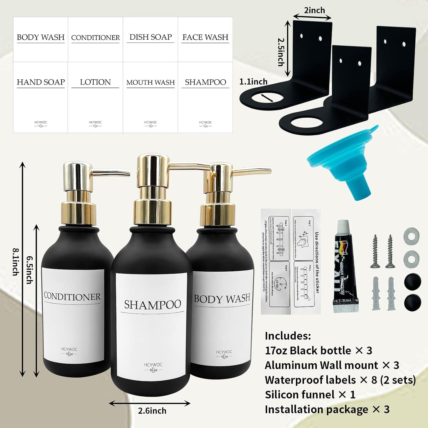 3 Pack Wall Mount Shower Dispenser, No Drill, 16 Waterproof Labels | Shampoo Dispenser for Shower Wall, Shampoo and Conditioner Dispenser, Bathroom, 17oz, Gold Amber