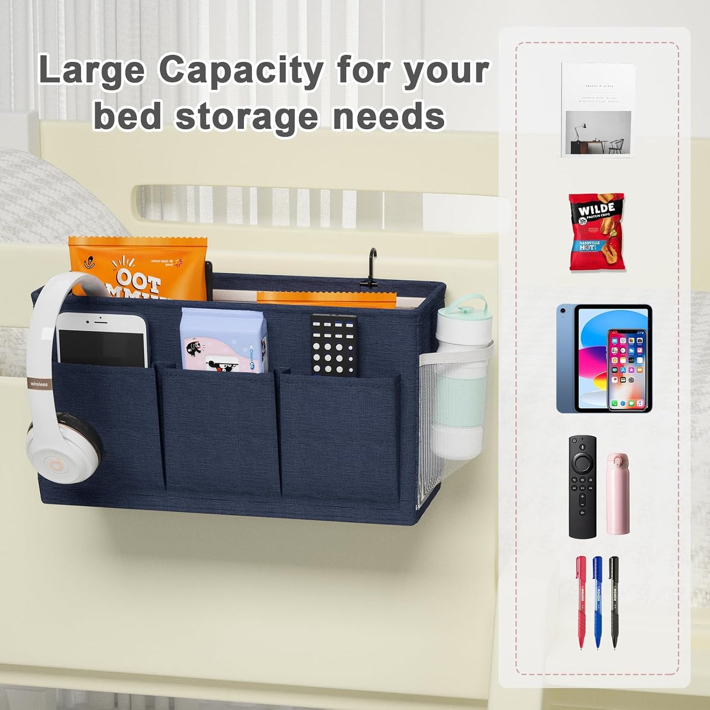 Bedside Caddy Bedside Storage Hanging Organizer for Bunk Dorm Bed Rail | Bed Caddy with Hooks, Top Bunks and Dorm Essentials for Water, Tissues, Tablets, Books, Phones, Remotes and Other Necessories