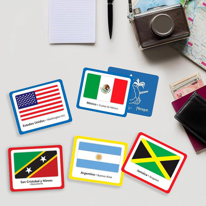 Menique Flags of the World Memory Matching Game – 100 Cards, 50 Countries & Capitals – World Flags Flash Cards for Kids & Adults – Color-Coded by Continent