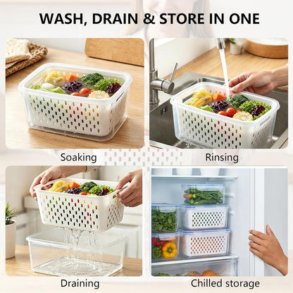 3 Pack Fruit Storage Containers for Fridge with Removable Colander and Lids | Fruit Containers for Fridge, Produce Containers for Fridge for Berry, Lettuce, Salad, Microwave and Dishwasher Safe