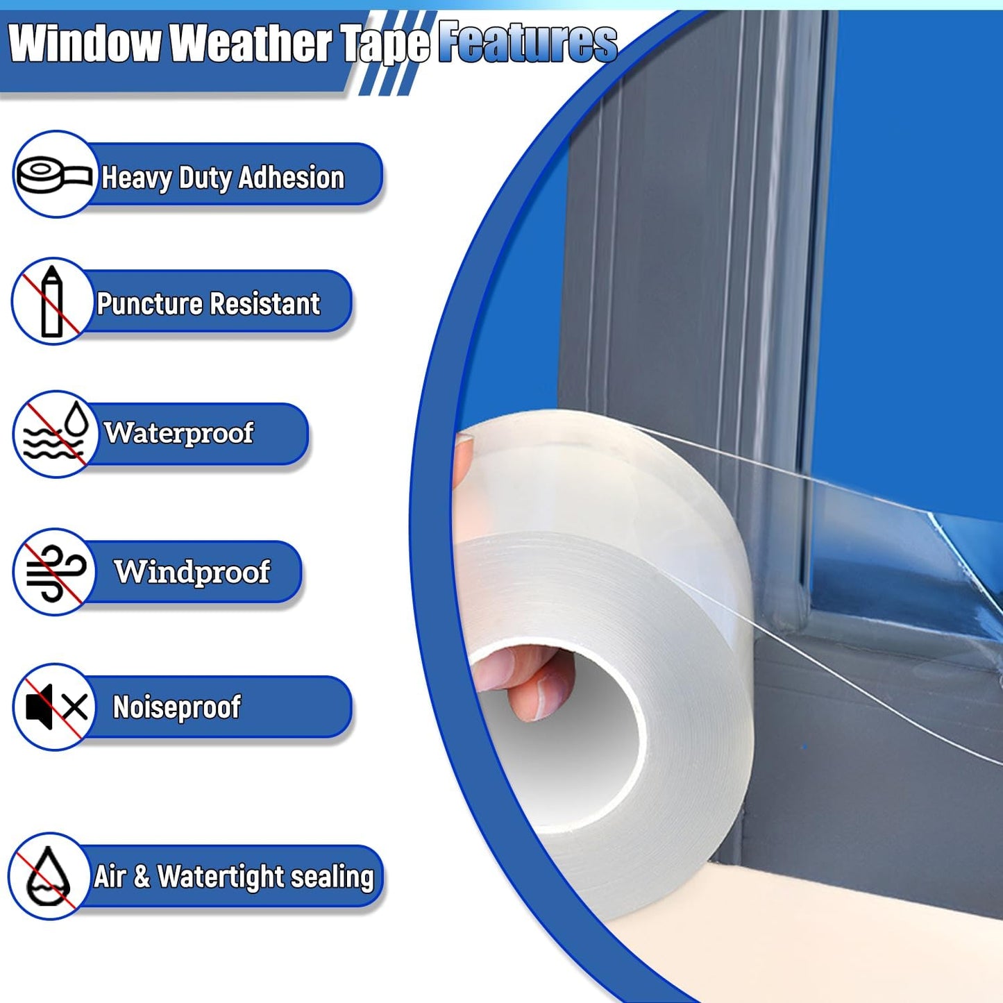 Window Weather Sealing Tape 2 Inch x 33 FT Weather Stripping Residue-Free Clear Window Draft Isolation Sealing Film Caulk Tape for Doors and Shower Glass Gaps Bathroom
