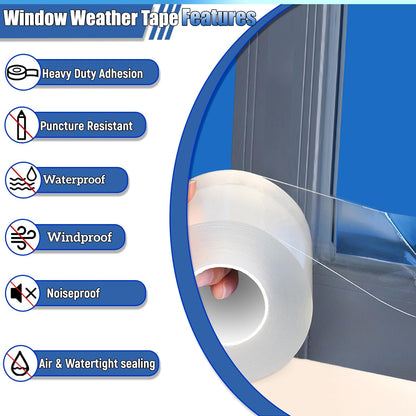 Window Weather Sealing Tape 2 Inch x 33 FT Weather Stripping Residue-Free Clear Window Draft Isolation Sealing Film Caulk Tape for Doors and Shower Glass Gaps Bathroom