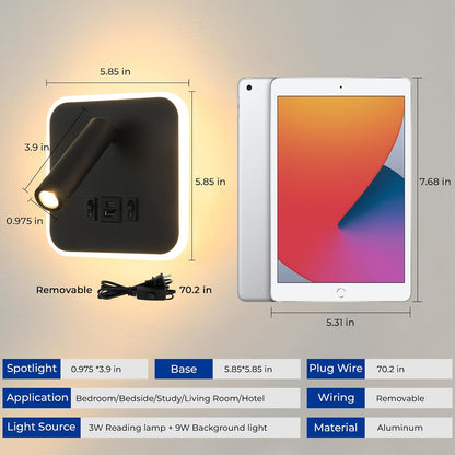 Wall Sconce Plug in with Wall Mounted Reading Lights,Modern Wall Lamp for Bedroom with Charging Station USB C+A Ports,Headboard Bedside Lamps with 3W+9W Night Light,3 Color Temperature