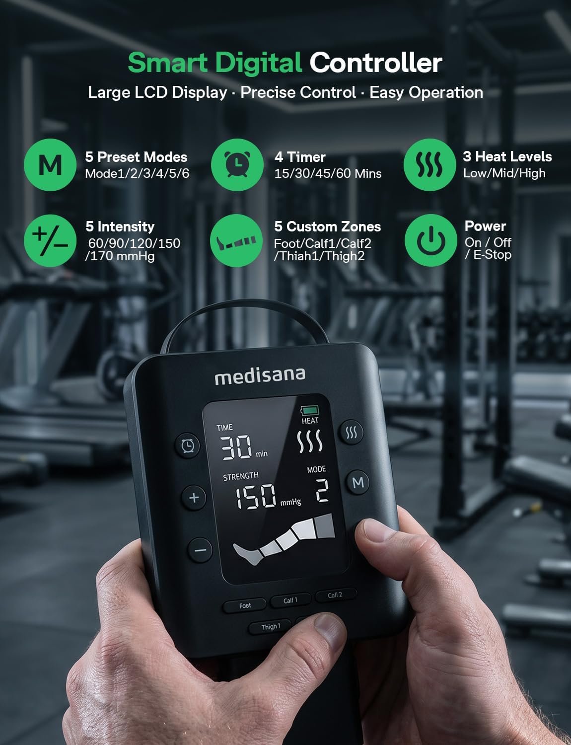 Medisana Leg Compression Massager with Heat, Leg Massager for Circulation and Pain Relief, Compression Boots with 5 Modes & 3 Heat Levels for Edema Relief, Gifts for Mom, Dad, Him, Her