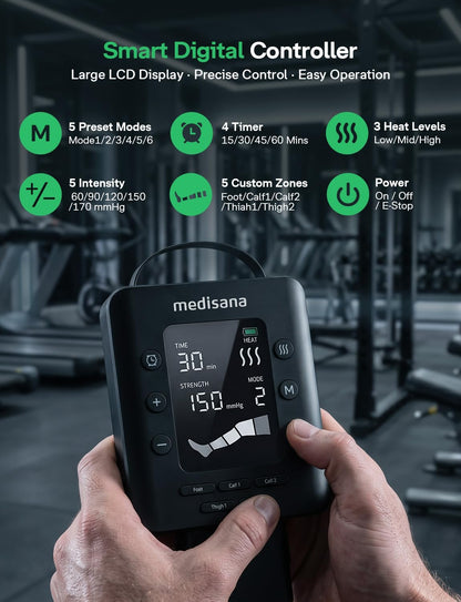 Medisana Leg Compression Massager with Heat, Leg Massager for Circulation and Pain Relief, Compression Boots with 5 Modes & 3 Heat Levels for Edema Relief, Gifts for Mom, Dad, Him, Her