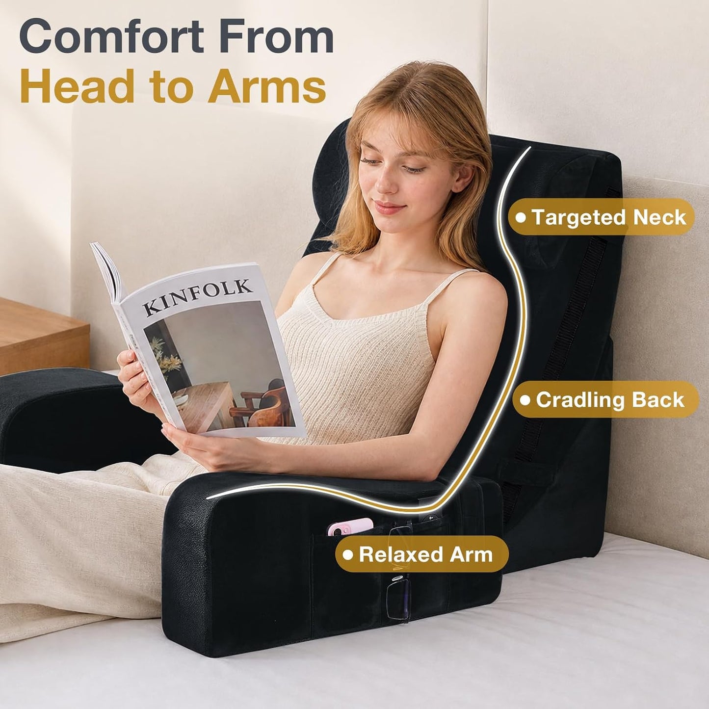 Sasttie 15-25 inch Adjustable Reading Pillow with Armrests, Dark Grey | Back Rest Pillow with Secure Side Straps, Memory Foam Back Support Cushion Bed Chair for Reading, Gaming & Relaxing