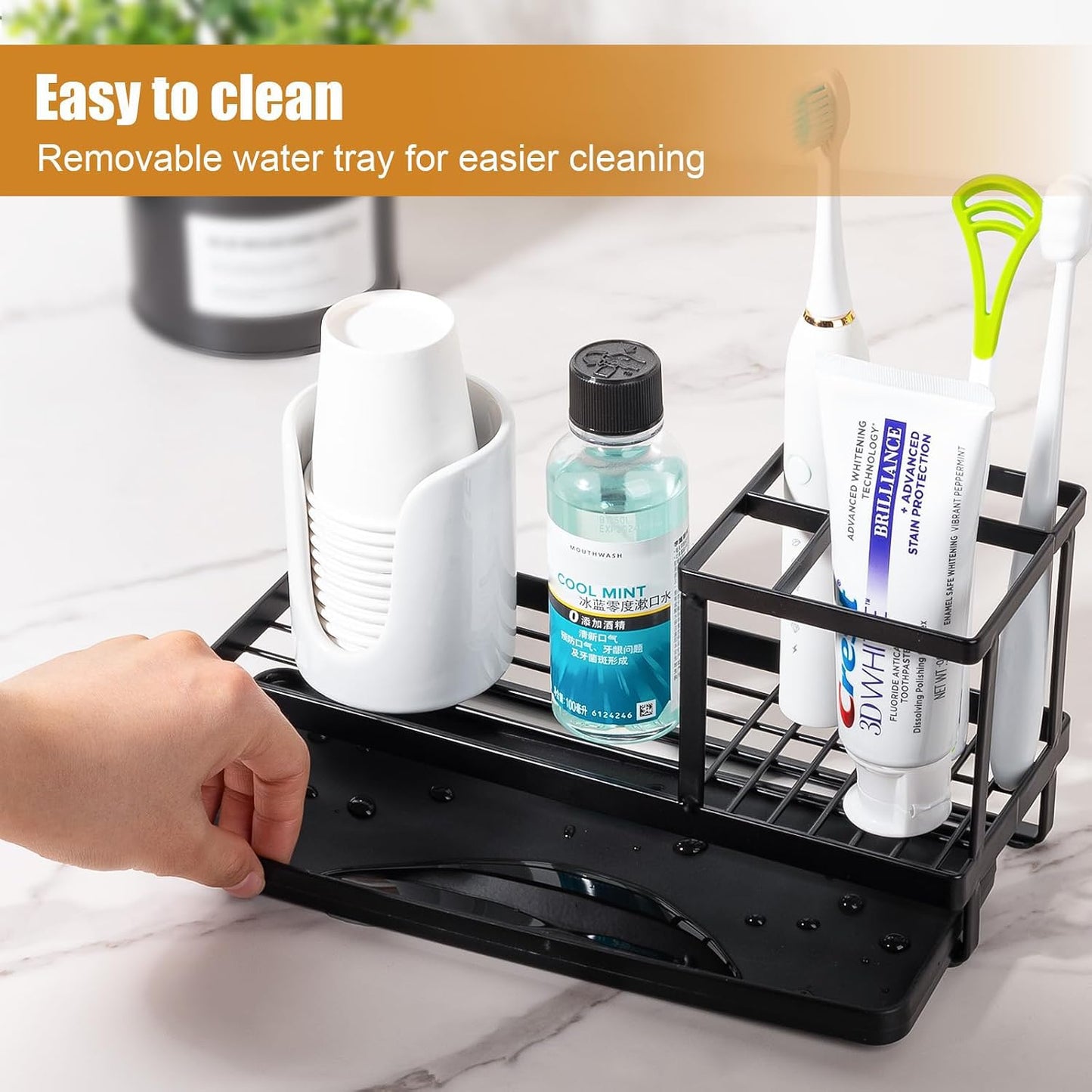 Toothbrush Holders Toothpaste Organizer Bathroom Accessories, Matte Black | Carbon Steel, 4 Slots, Removable Drip Tray, Easy to Clean, Electric Toothbrush Storage, for Countertop, Shower, Sink