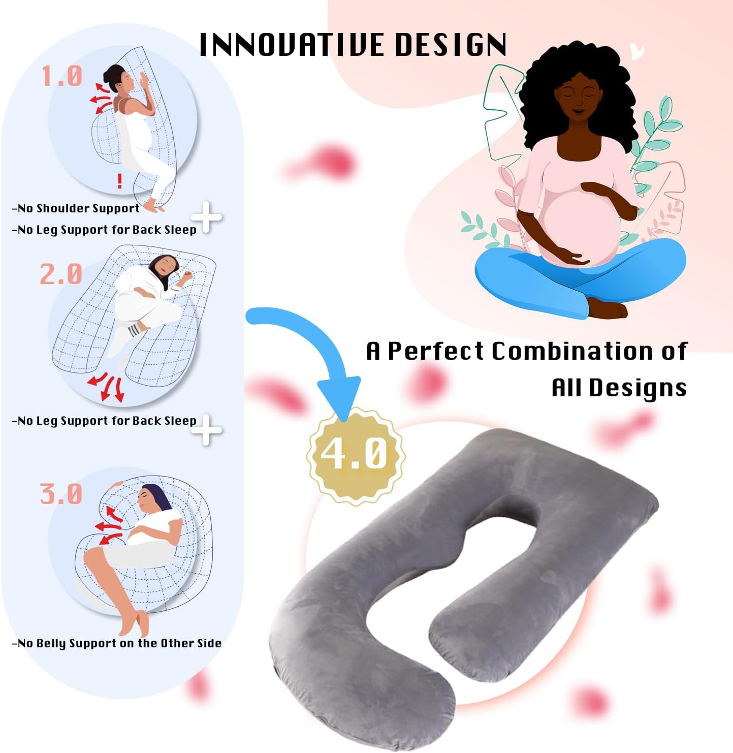 ALLOPERA Pregnancy Pillows for Sleeping, 57-Inch U-Shaped Full Body Maternity Pillow with Adjustable Fill and Removable Washable Cover, Back, Belly, Hip and Leg Support for Pregnant Women, Black Grey