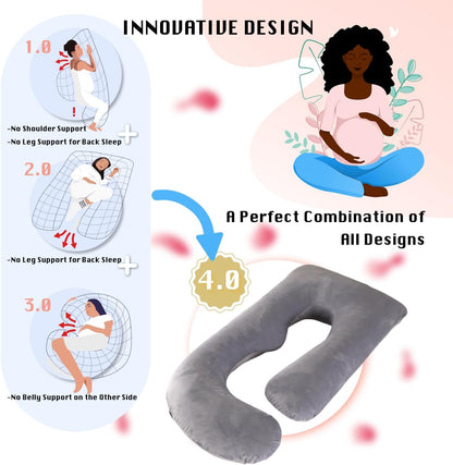 ALLOPERA Pregnancy Pillows for Sleeping, 57-Inch U-Shaped Full Body Maternity Pillow with Adjustable Fill and Removable Washable Cover, Back, Belly, Hip and Leg Support for Pregnant Women, Black Grey