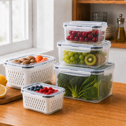 3-Pack BPA-Free Food Storage Containers with Lids & Removable Strainer – Airtight Fridge Organizer & Fresh Produce Keeper for Fruits, Vegetables & Meat, Dishwasher & Freezer Safe (0.85L, 1.75L, 3.3L)