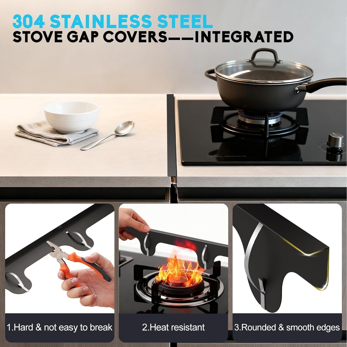 Stove Gap Covers, 2 Pack Stainless Steel Stove Gap Filler Black | Heat Resistant Oven Gap Filler Adjustable Length Range Trim Kit Non-Slip Stove Guard Between Stove Top & Counter