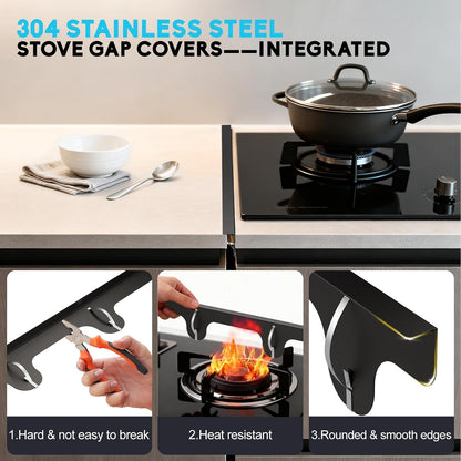 Stove Gap Covers, 2 Pack Stainless Steel Stove Gap Filler Black | Heat Resistant Oven Gap Filler Adjustable Length Range Trim Kit Non-Slip Stove Guard Between Stove Top & Counter