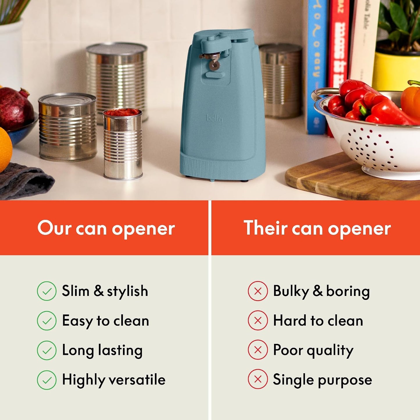 bella Automatic Can Opener, Hands Free, Battery Operated, Cordless, Stainless steel blade to open any Size Can with Magnet to Safely Remove Lid, Seamless Opening Decreases Sharp Edges, Slate