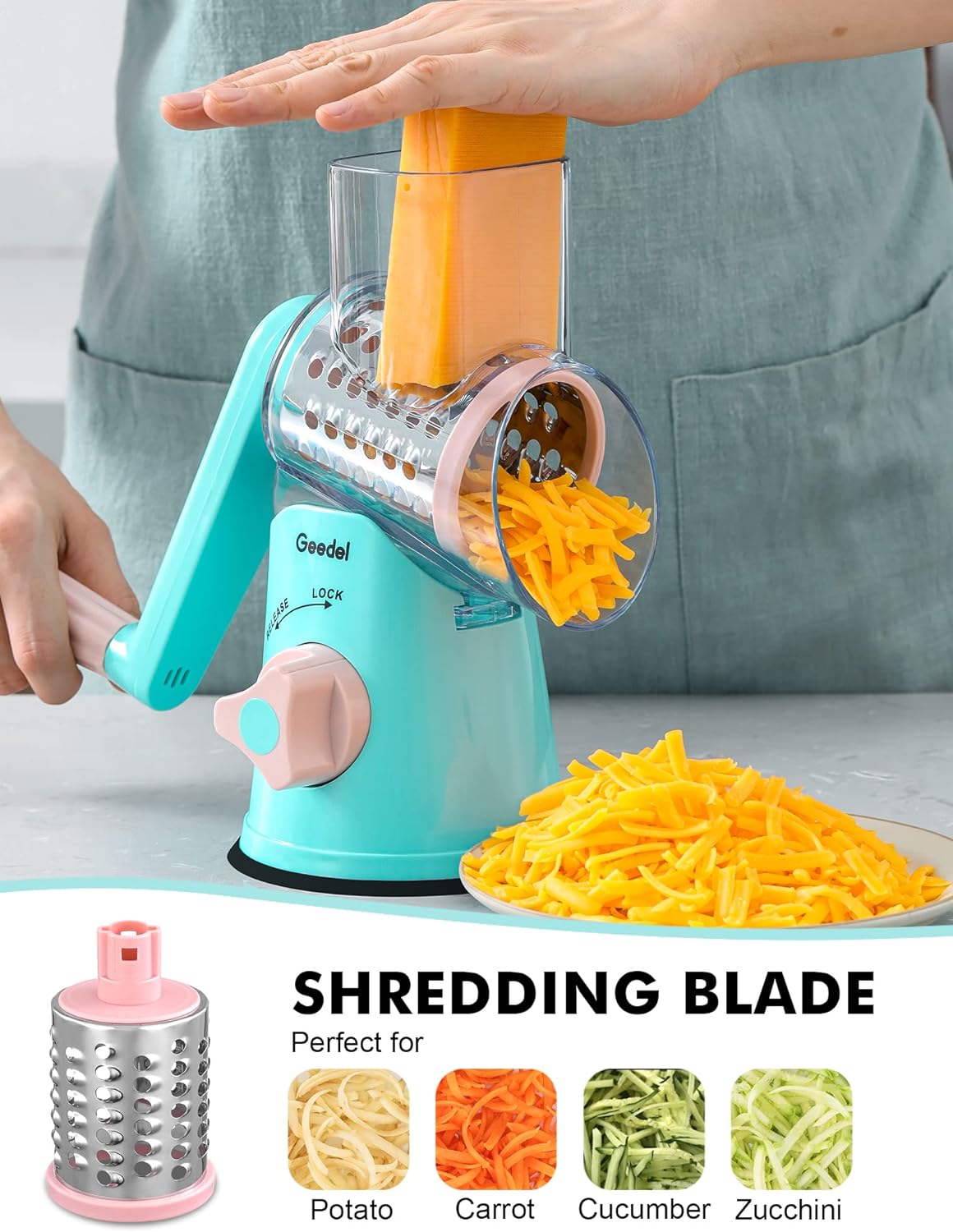Geedel Rotary Cheese Grater, Kitchen Mandoline Vegetable Slicer with 3 Interchangeable Blades, Easy to Clean Rotary Grater Slicer for Fruit, Vegetables, Nuts | 3 Blades, 430 Stainless Steel, 12x Fast Cutting, Strong Suction Base, No BPA, Dishwasher Safe,