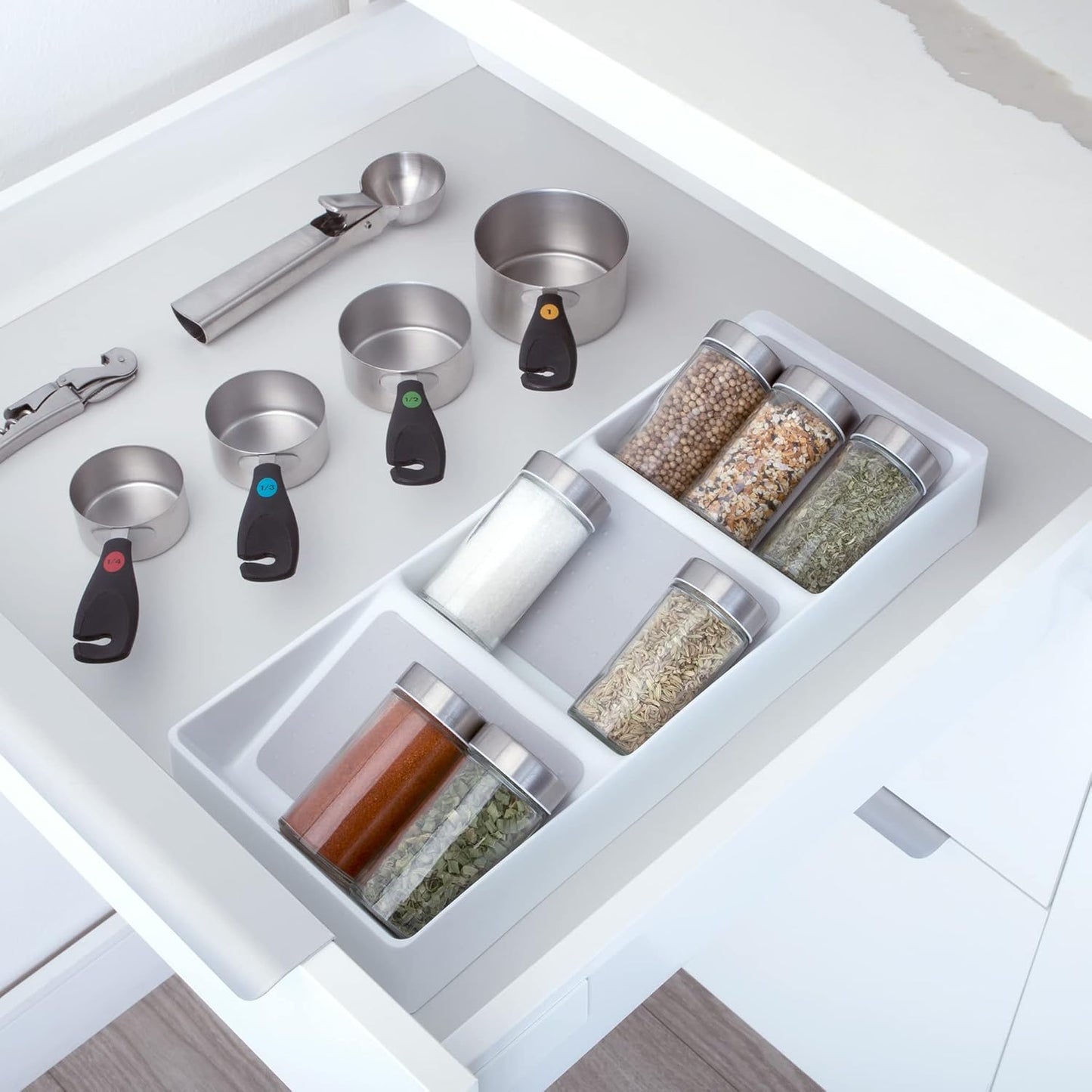 Smart Design 3 Section Plastic Spice Rack Drawer - Non-Slip Lining and Feet - BPA Free - Seasoning Jars, Makeup Storage, Countertop Bottle Tray, 3 Tier - Pantry Kitchen Organizer - White with Gray