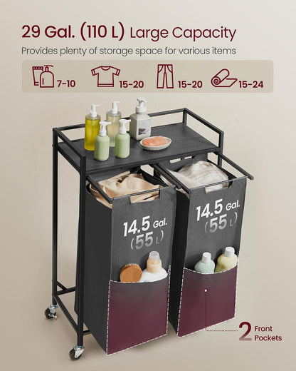 VASAGLE Laundry Sorter, 29 Gal. (110 L) Laundry Hamper Basket with 2 Compartments, Rolling Cart with Wheels, Shelf, Removable Bags, Pockets, Ink Black and Rustic Brown UBLH021B01