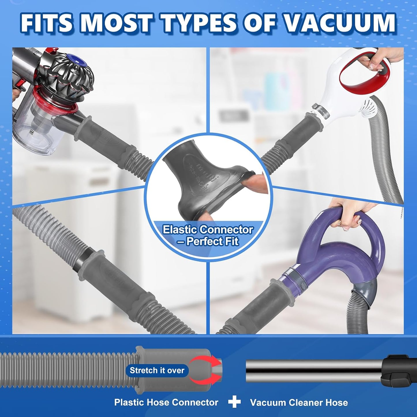 Sealegend 5Pack Dryer Vent Cleaner Kit Vacuum Hose Attachment & Brush Blue | Whistle-Free Hose | Universal Connector Fits Most Vacuums | 4 Brushes for Dryer Vents, Refrigerator Coils, Drains & Sinks