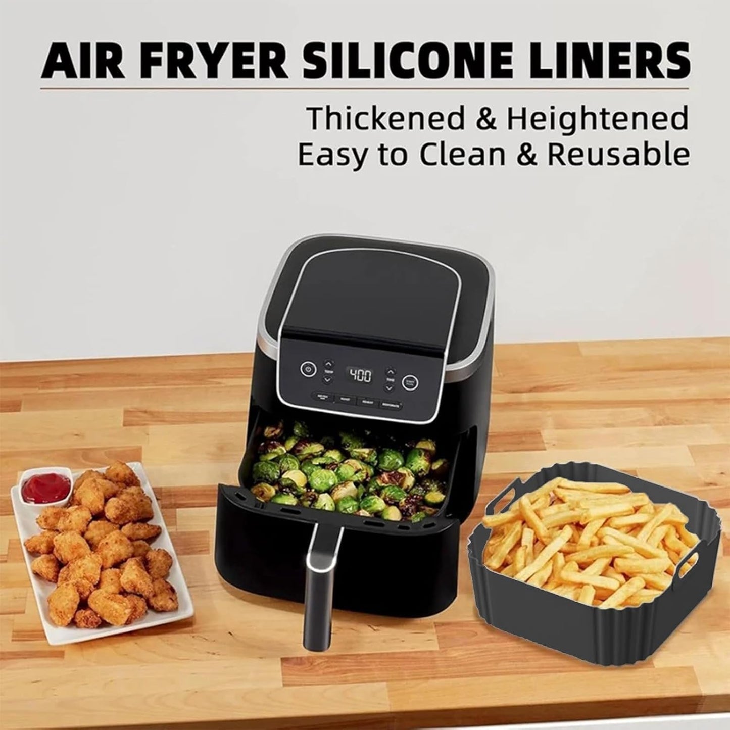 Air Fryer Silicone Liners for Ninja AF140 AF141 AF180 AF181 Air Fryer for Philips HD9270 Basket Baking,9inch Reusable square,Black×2 pack