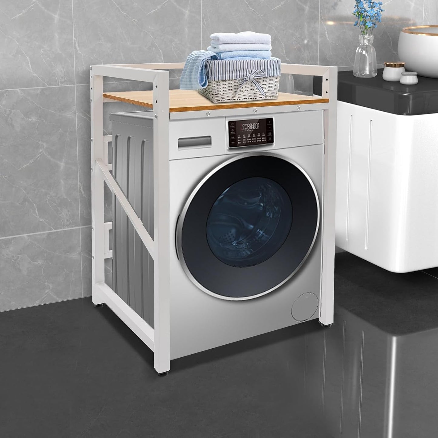 Washer Dryer Stacking Rack Stand, 25.6" Wide Over the Washer and Dryer Storage Shelf, Heavy Duty Washing Machine Shelf with Height Adjustable Shelves for Laundry Room, Bathroom, 661lbs Load Capacity