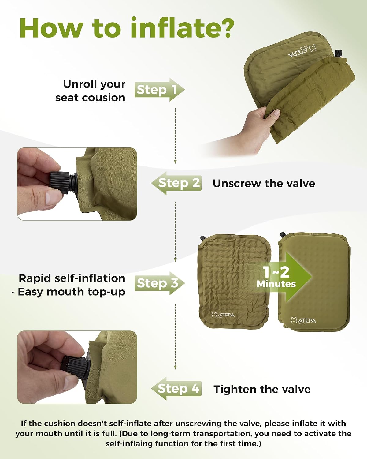 ATEPA Inflatable Seat Cushion | 2" & 2.5" foam core seat pad, Self inflating, Compact, Stadium, Airplane, Travel, Camping, Hiking, Sports events