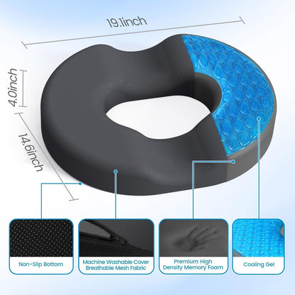 Donut Pillow Seat Cushion, Cooling Gel Memory Foam Chair Cushion, Black | Office, Home & Car Seat Cushion, Butt Pillow for Tailbone Pain Relief, Hemorrhoids and Everyday Sitting Comfort