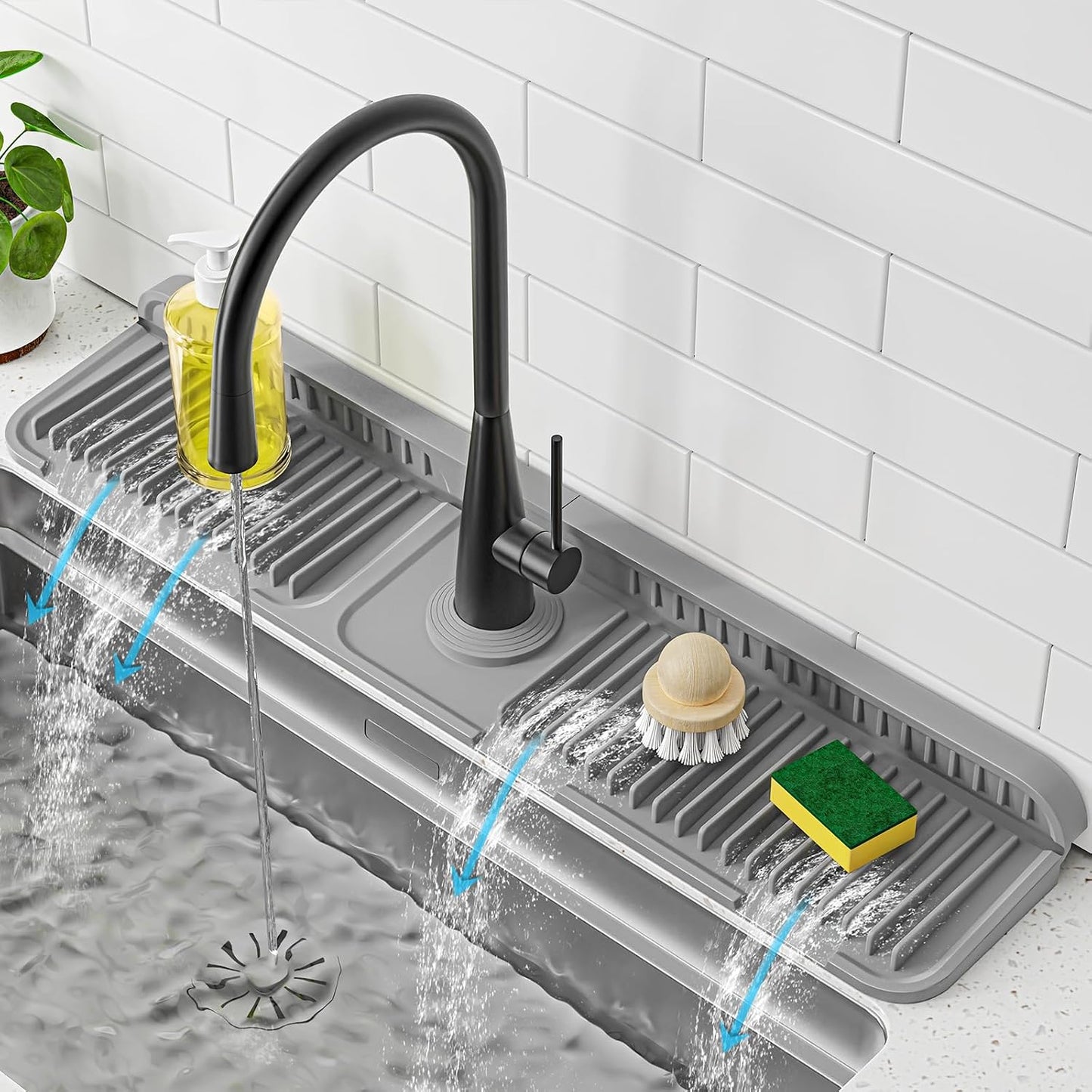 PoYang 24 Inch Faucet Mat for Kitchen Sink Splash Guard, Silicone, Black | Sink Protectors with 7° Slope for Smooth Drainage, Snap Button Holds It in Place, 90° Foldable & Cuttable Hole Fit Most Sinks