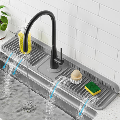 PoYang 24 Inch Faucet Mat for Kitchen Sink Splash Guard, Silicone, Black | Sink Protectors with 7° Slope for Smooth Drainage, Snap Button Holds It in Place, 90° Foldable & Cuttable Hole Fit Most Sinks