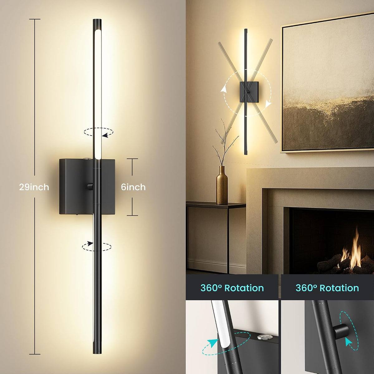 10000mAh Rechargeable Wall Lights, Black Gold, 29 Inch, 3CCT, 2 Pack