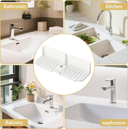 Sink Splash Guard Behind Faucet, Silicone Sink Faucet Drying Mat & Dish Soap Sponge Holder, 17" x 5.5" Silicone Kitchen Sink Auto Drain Organizer (Grey)