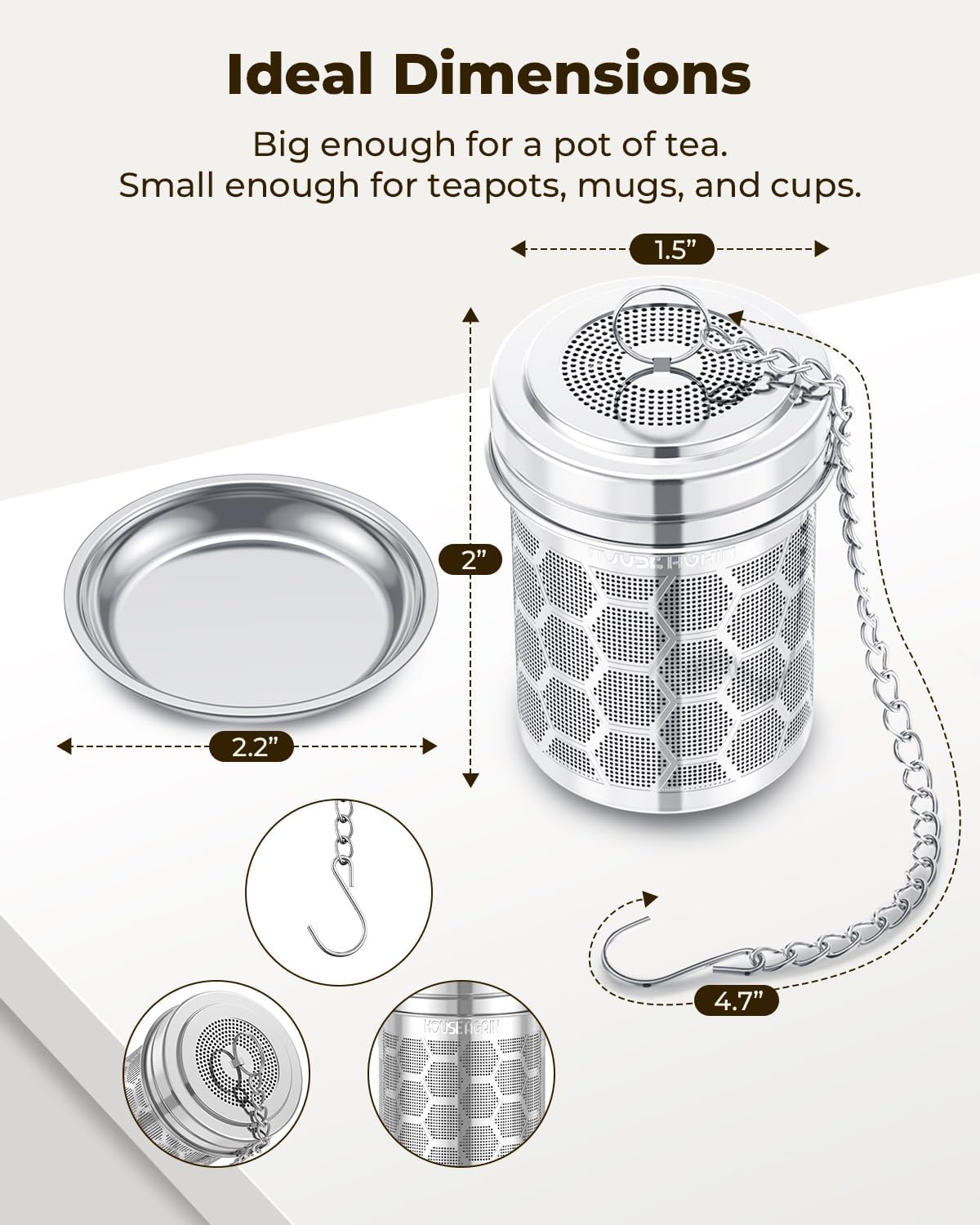 House Again 2 Pack Tea Infusers, Extra Fine Mesh Tea Strainers for Loose Tea, Updated Slim Threaded Lid & 304 Stainless Steel, Loose Leaf Tea Steeper for Brew Tea Spices & Seasonings
