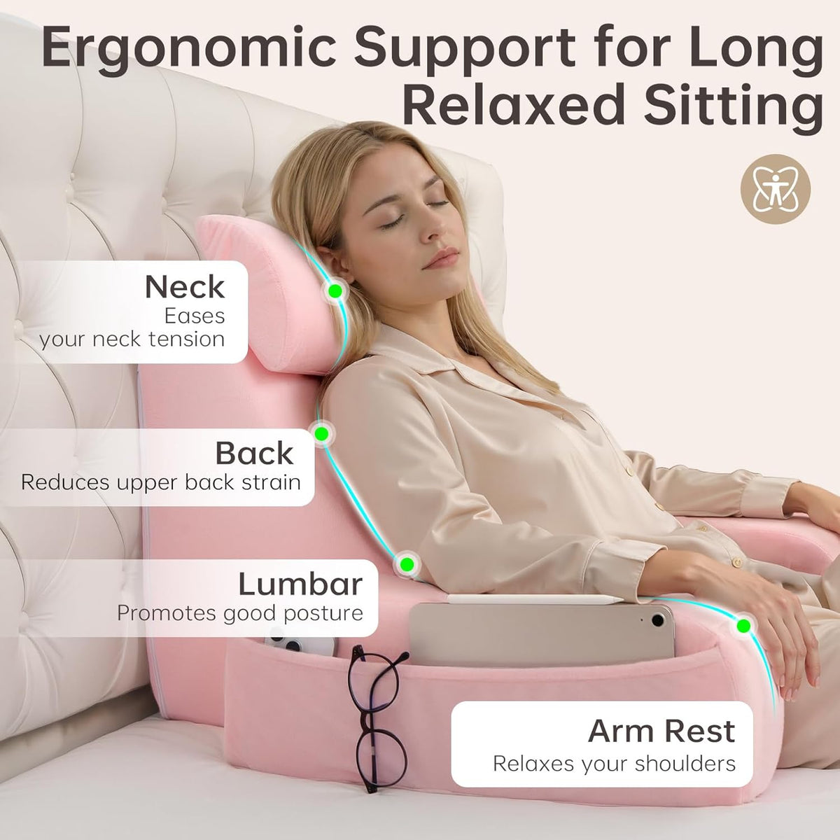 ENITYA 21" Reading Pillow for Bed with Firm Back Support & Big Pockets