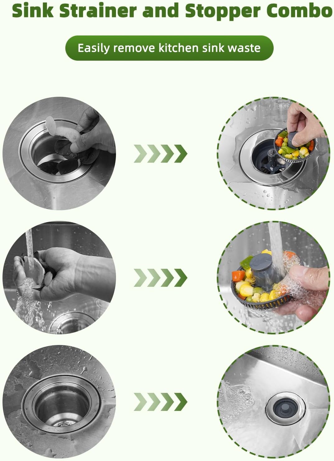 Universal 3 in 1 Kitchen Sink Drain Strainer Stopper Combo, Matte Black | Stainless Steel Shell Pop Up Sink Stopper for US Standard 3-1/2 inch Drain Filter, Anti-Clog and Easy Clean