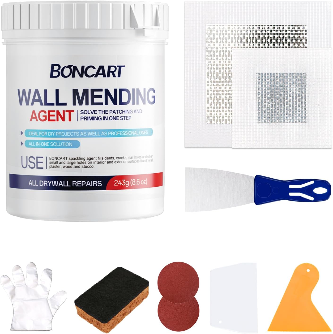 BONCART 8.6Oz Drywall Patch Repair Kit – Professional All-in-1 Tool Set | Includes Scrapers, Putty Knife, Texture Sponge, Sandpaper, And Gloves. Fast Wall Hole Repair