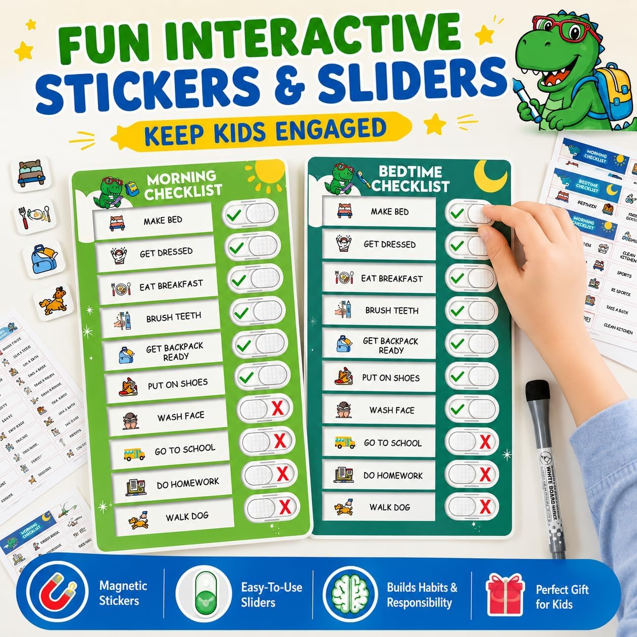 2 in 1 Upgraded Slider Morning/Bedtime Routine Chart for Kids Toddlers - Magnetic Kids Chore Chart for 2 Kids, Dry Erase Chore Chart for Kids, Visual Schedule for Kids with Cute Chore Stickers