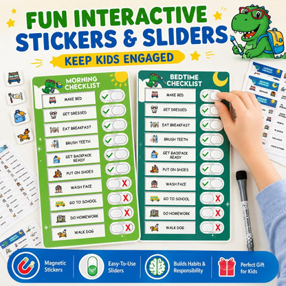 2 in 1 Upgraded Slider Morning/Bedtime Routine Chart for Kids Toddlers - Magnetic Kids Chore Chart for 2 Kids, Dry Erase Chore Chart for Kids, Visual Schedule for Kids with Cute Chore Stickers