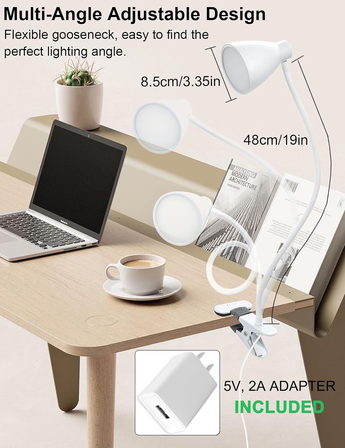 BOHON Desk Lamp 5 Color Modes 10 Brightness Dimmer Reading Light Black | 10W 38 LED Clamp Lamp with Auto Off Timer 360° Flexible Neck Clip on Light for Bed Bedside, AC Adapter Include