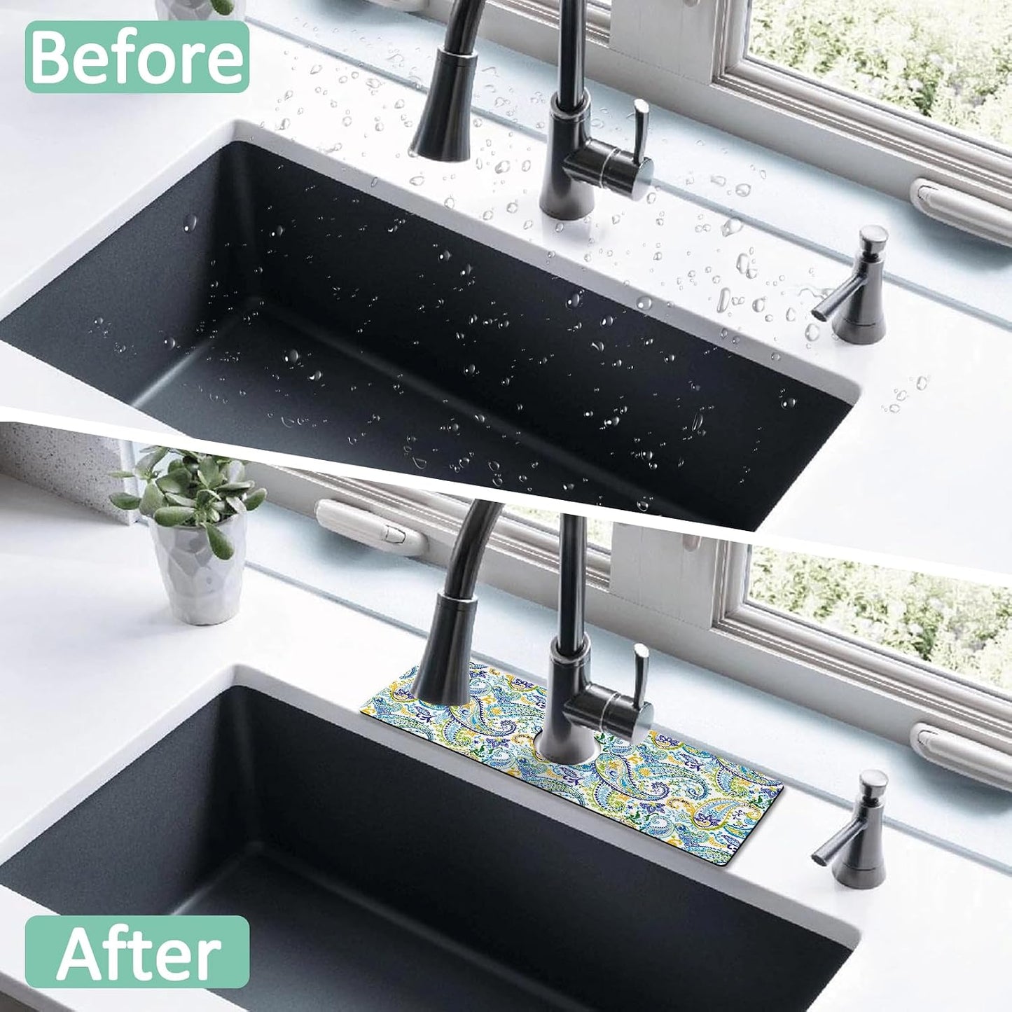 Kitchen Sink Splash Guard Faucet Mat 24" X 5.5" Tropical Leavesl Absorbent Fast Drying Mat Faucet Draining Mat Sink Splash Guard Behind Faucet Drip Catcher for Kitchen Bathroom