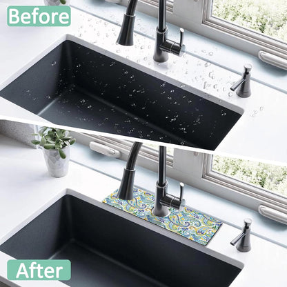 Kitchen Sink Splash Guard Faucet Mat 24" X 5.5" Tropical Leavesl Absorbent Fast Drying Mat Faucet Draining Mat Sink Splash Guard Behind Faucet Drip Catcher for Kitchen Bathroom