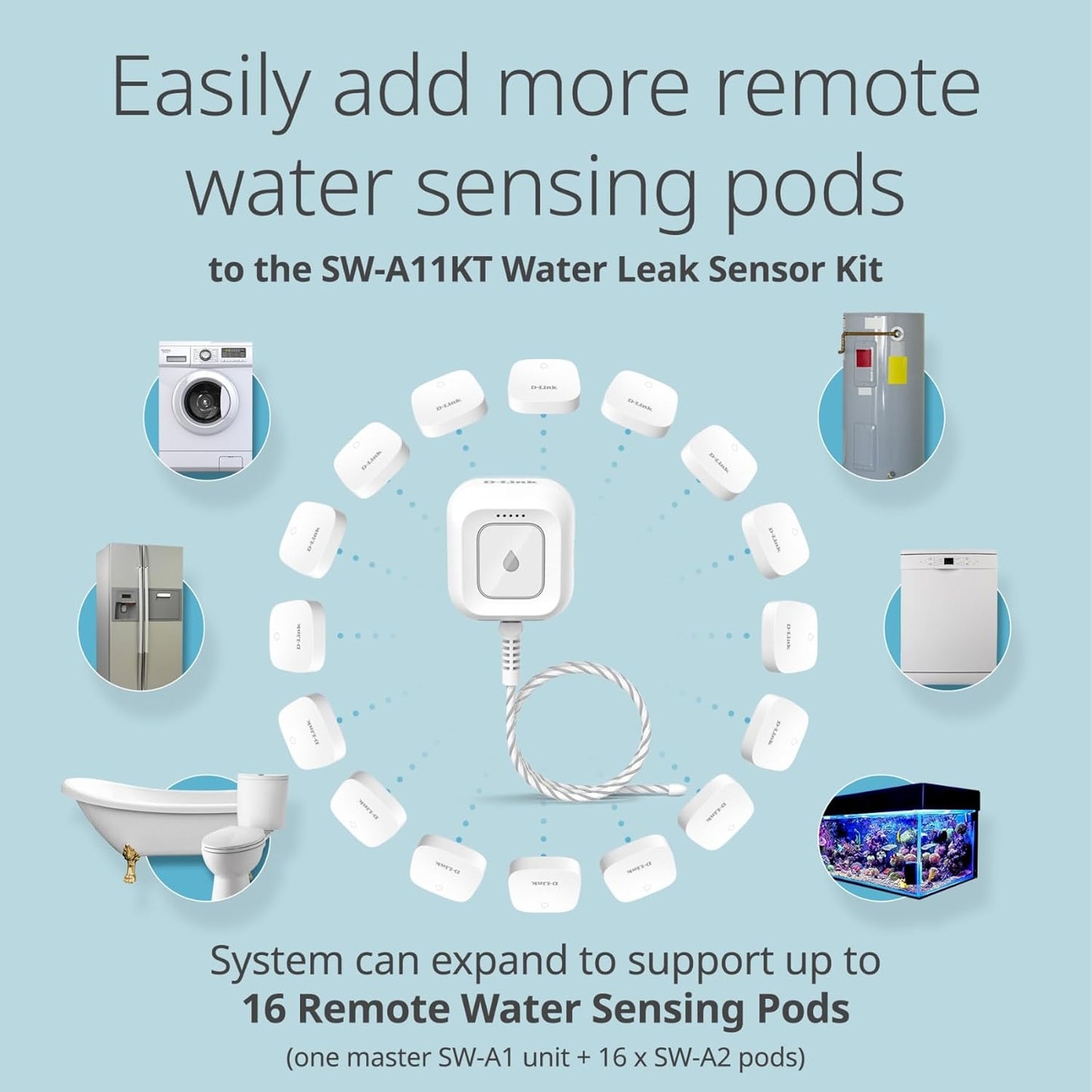 D-Link Next-Gen WiFi Water Leak Detector Starter Kit with 2 sensors—Loud 100 dB Sound Alarm—App Alert—LED Strobe Light—No Hub Required—Works with Google—1000ft Ultra-Long Range—Expandable (SW-A11KT)