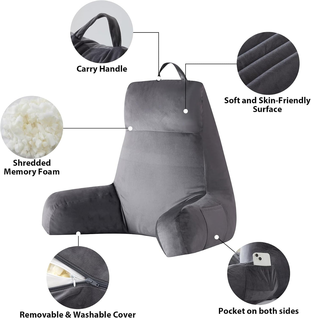 IPYNBAP Back Pillow for Bed Sitting up, Reading Pillow, 18 Inch, Grey
