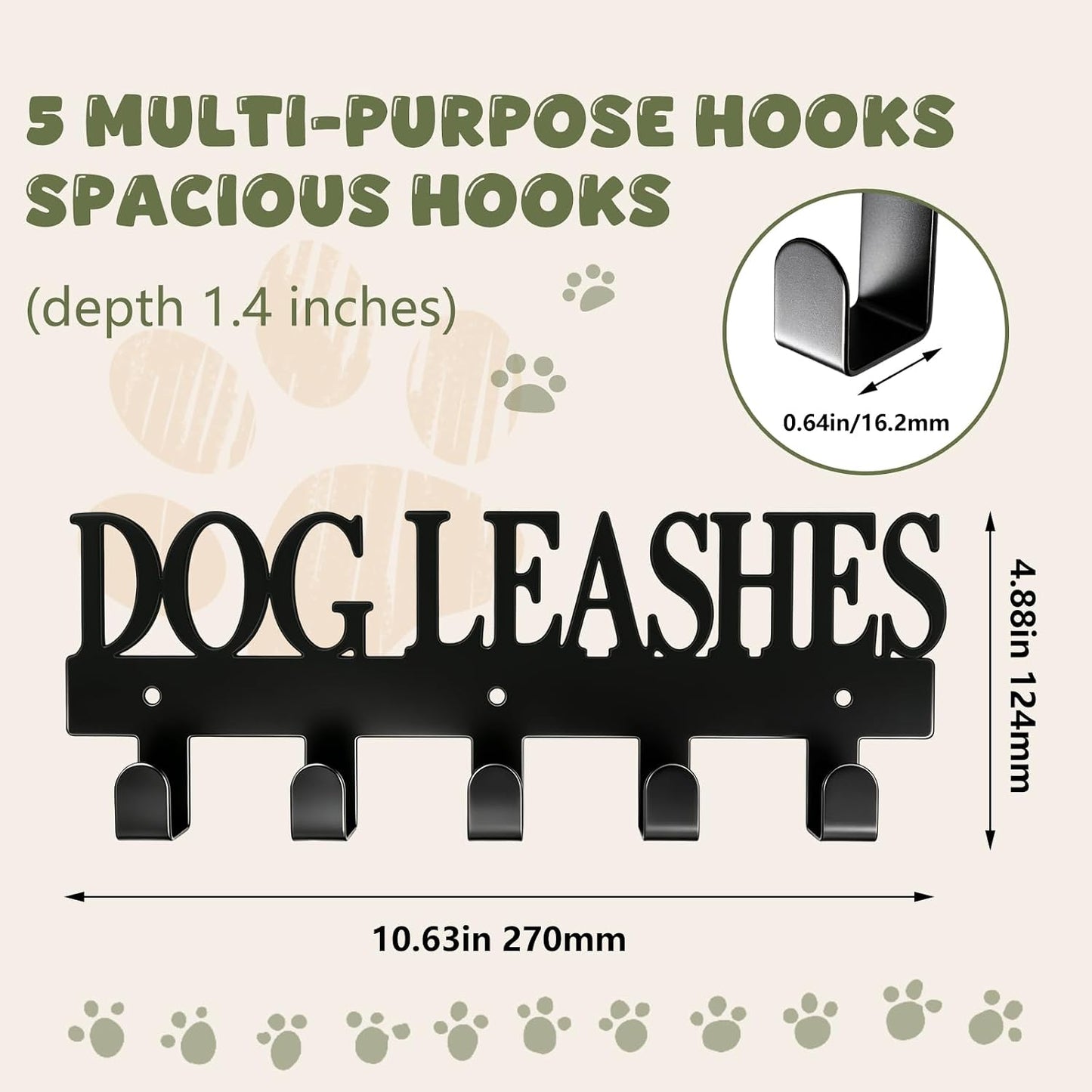 Dog Leash Holder for Wall with 5 Metal Hooks | Key Holder Wall Mount,Pet Leash Collars and Key Organizer, Screw Mounted, Entryway Hallway Kitchen Garage Mudroom Decor
