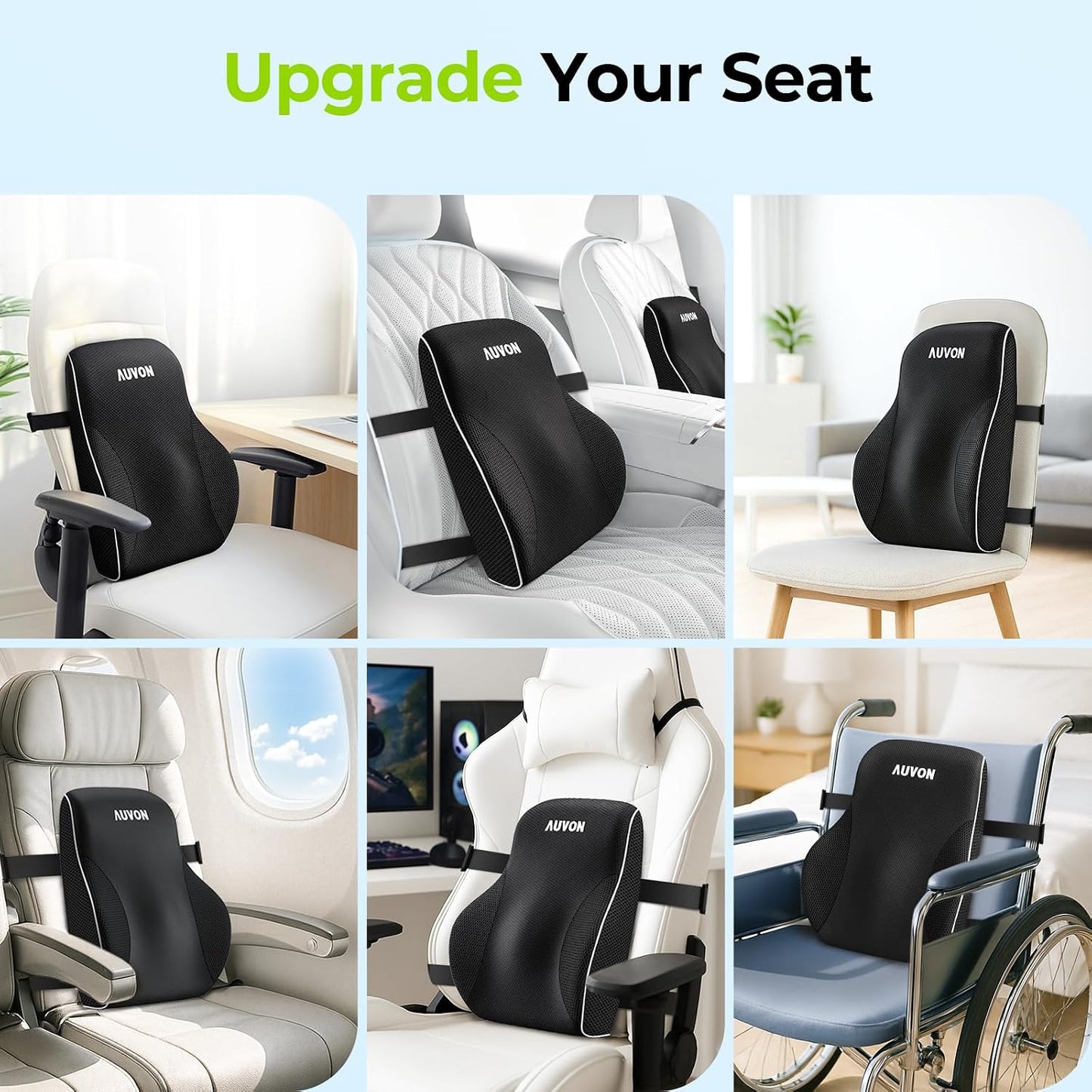 AUVON Office Lumbar Support Pillow with Patented Bulge for Back Support | Ergonomic Office Home Essentials Improve Posture, Memory Foam Chair Cushion for Home, Office, Car, Mesh Cover, Double Straps